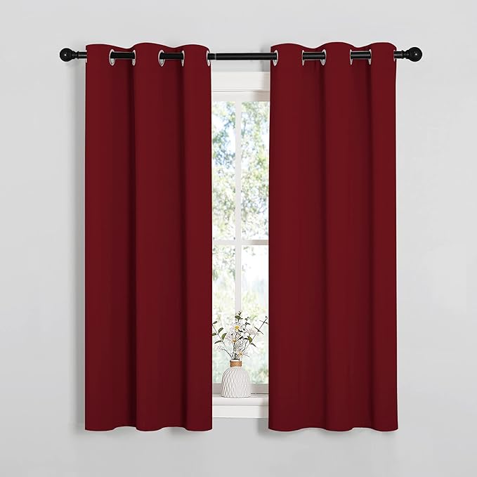 NICETOWN Christmas Burgundy Bedroom Curtains Blackout Draperies, Decorations Thermal Insulated Solid Grommet Top Blackout Drapes for Cafe (One Pair, 34 x 54-inch)