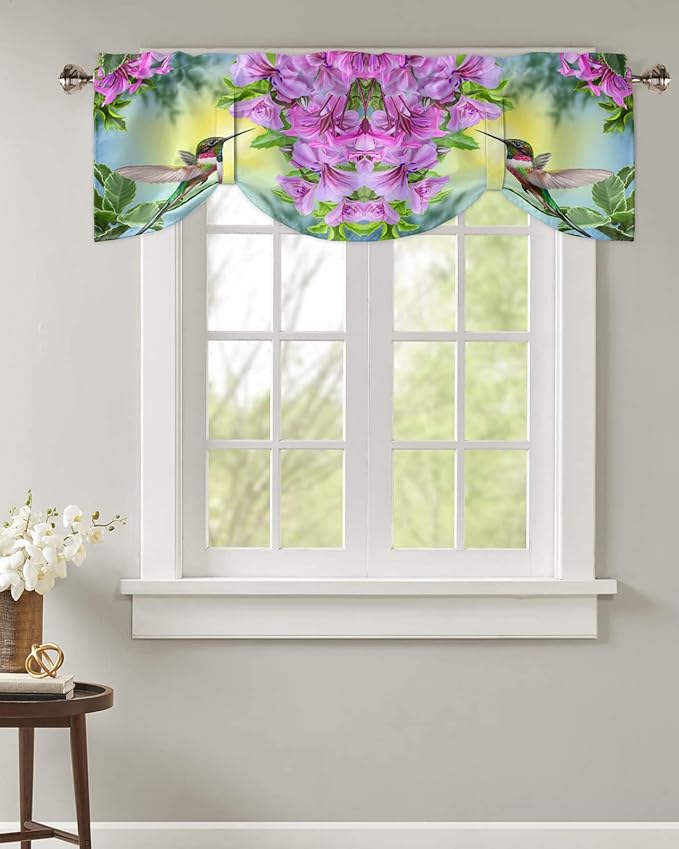 Pink Flowers Blackout Tie Up Valance Curtains for Kitchen Windows Hummingbird Window Toppers Balloon Shades for Living Room/Bathroom/Bedroom,1 Panel,60" X 18"