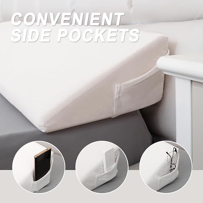 WdFour Bed Wedge Pillow, Close Off Headboard, Wall and Mattress Gap. Incline, Slanted Sweat-Proof Pillow for Neck and Back Pain Relief Anti-snoring for Comfortable Sleeping.(Off-White,60Wx10Dx6H)