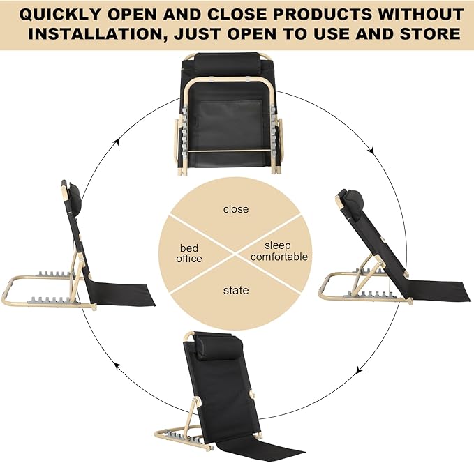 Lifting Bed Backrest Portable Folding Adjustable Sit up Back Rest Multifunction Chair for Bed Change Angle of Backrest for Elderly Patients Back Neck Lumbar Support (Black,28.4 Inch)