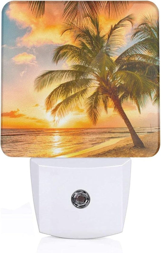 Funny Beach Tropical Palm Tree Ocean Plug in Night Light into Wall LED Nightlight Auto Sensor Dusk to Dawn lamp for Kids Room Bedroom Bathroom Nursery Kitchen Hallway Stairs Home Decorative