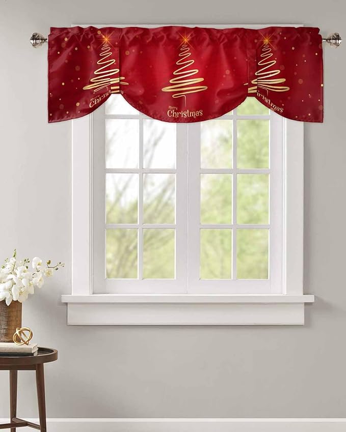 Christmas Tree Blackout Tie Up Valance Curtains for Kitchen Windows Merry Xmas Red Window Toppers Balloon Shades for Living Room/Bathroom/Bedroom,1 Panel,60" X 18" Winter Holiday Decor