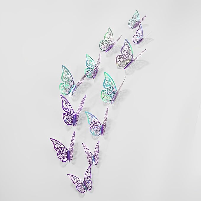 72Pcs 3D Butterfly Wall Decor 3 Sizes 3 Styles, Removable Butterfly Stickers Wall Decals, Butterfly Decorations Party Birthday Cake Decoration for Kids Nursery Wedding Bedroom Room(Purple)