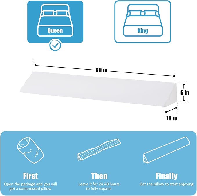 Queen Bed Wedge Pillow for Headboard, Foam Pillow Wedge for Headboard Gap, Mattress Bed Gap Filler Queen Triangle Pillow Wedge, Anti-slip Bed Crack Pillow Space Filler Queen (60"×10"×6") White