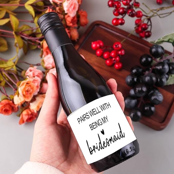 MKISHINE 16 Pcs Bridesmaid Proposal Gift Wine Bottle Labels Set, Bridesmaid Mini Champagne Labels, Bridal Party Groomsman Wine Stickers Bride Tribe Label, Maid of Honor Gifts for Friends, 2” x 3.5”