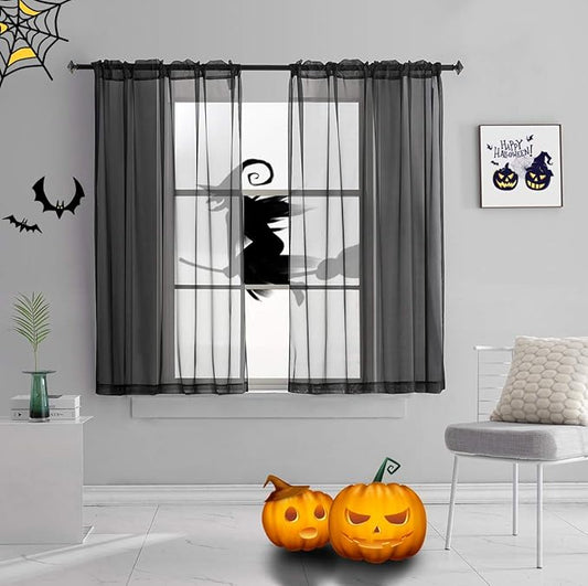 Halloween Decorations Black Sheer Voile Curtains Translucent Solid Color Window Treatment 63 Inches Long Panels Rod Pocket Black Drapes for Bedroom Living Room 2 Panels 52x63