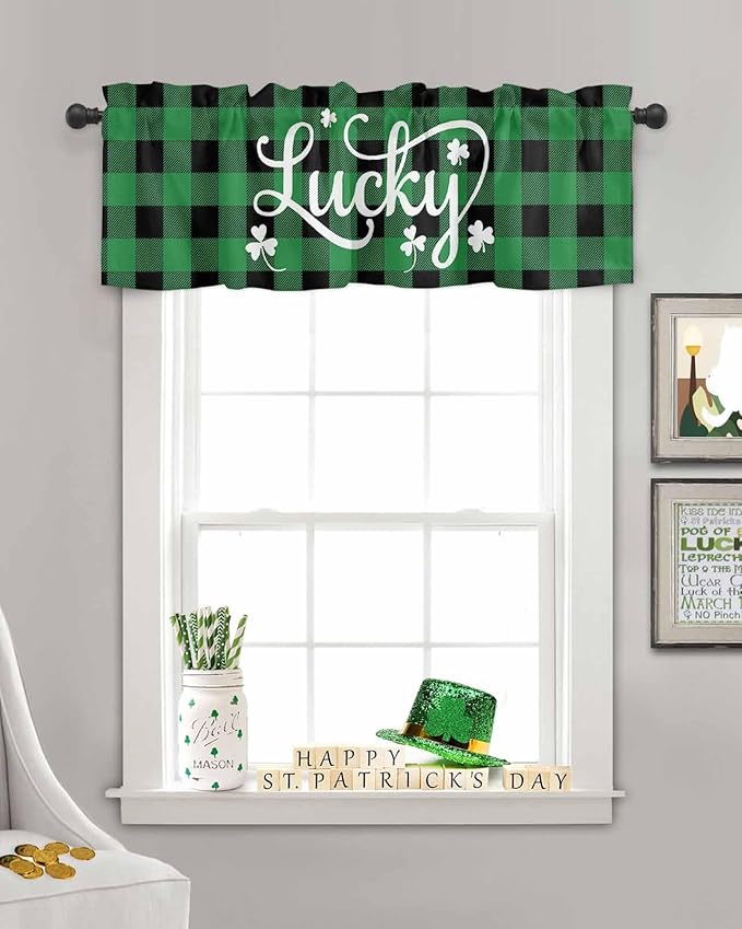 St. Patrick's Day Buffalo Plaid Kitchen Curtains Valances for Windows Lucky Shamrocks Clover Rod Pocket Window Treatment for Kitchen /Living Room/Bedroom/ Bathroom, 42" X 18", Rustic Green Black