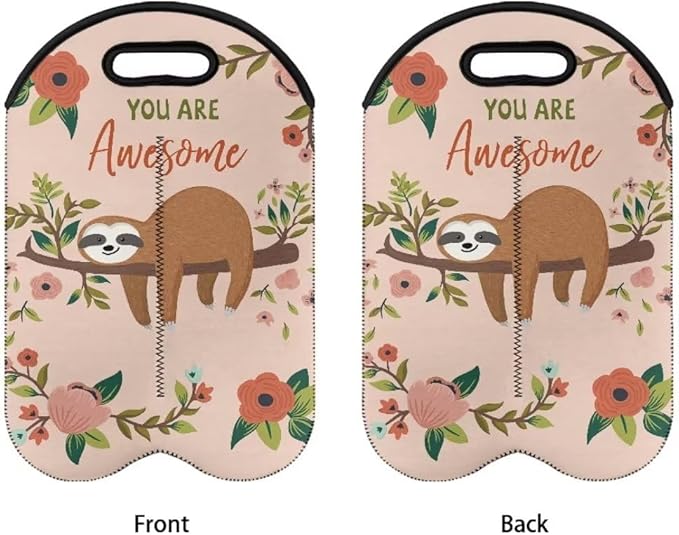 doginthehole Cute Sloth 2 Bottle Wine Carrier Tote Wine Bottle Insulated Sleeve for 750ML Portable Neoprene Wine Tote Holders Travel Picnic Party Champagne Carrier Bag with Handle