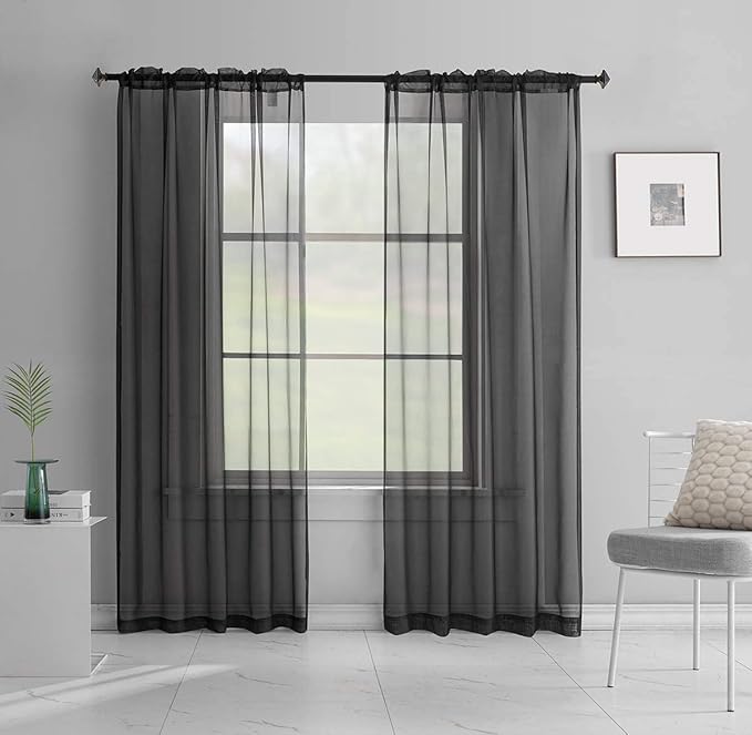 Black Sheer Curtains 84 Inches Long 2 Panels for Bedroom Living Room Rod Pocket Light Filtering Black Curtains Drapes 52x84