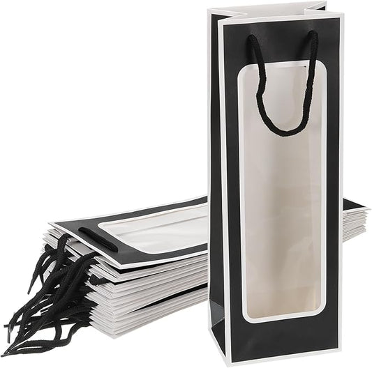 uxcell Wine Bags, 12pcs 4.92"x3.35"x14.2" Wine Gift Bags with Rope Handles, Paper Wine Tote Bag with Clear Window for Wedding Birthday Christmas Party Supplies, Black White