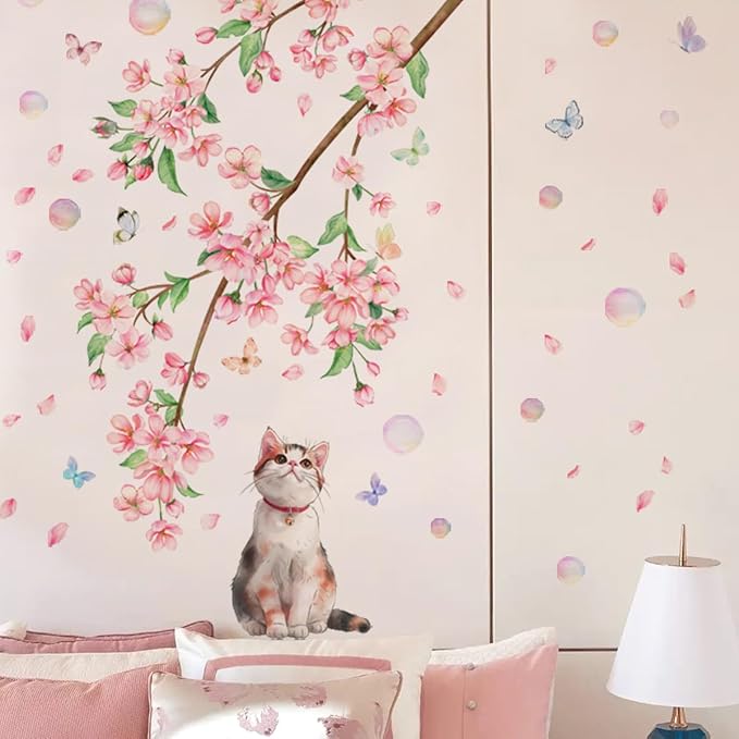 Pink Flower and Cat Wall Stickers - Set of 2, Easy to Apply, Stylish Home Decor