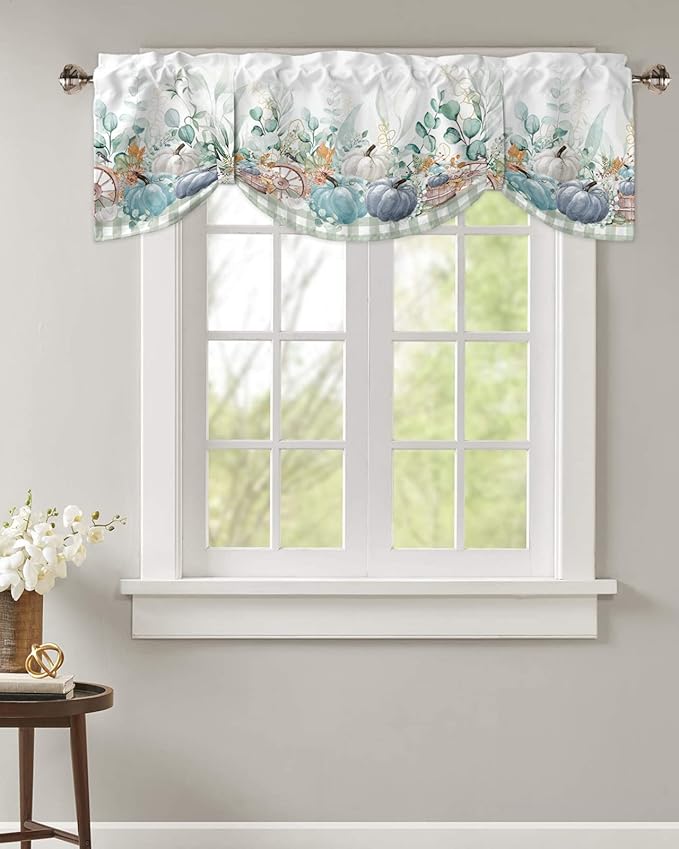 Fall Thanksgiving Blackout Tie Up Valance Curtains for Kitchen Windows Navy Blue Pumpkins Green Eucalyptus Leaves Window Toppers Balloon Shades for Living Room/Bathroom/Bedroom,54" X 18",Sage Plaid