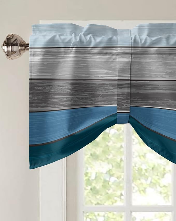 Farmhouse Blackout Tie Up Valance Curtains for Kitchen Windows,Blue Gray Ocean Hues Window Toppers Balloon Shades for Living Room/Bathroom/Bedroom,1 Panel,42" X 18" Retro Rustic Barn Wood Texture