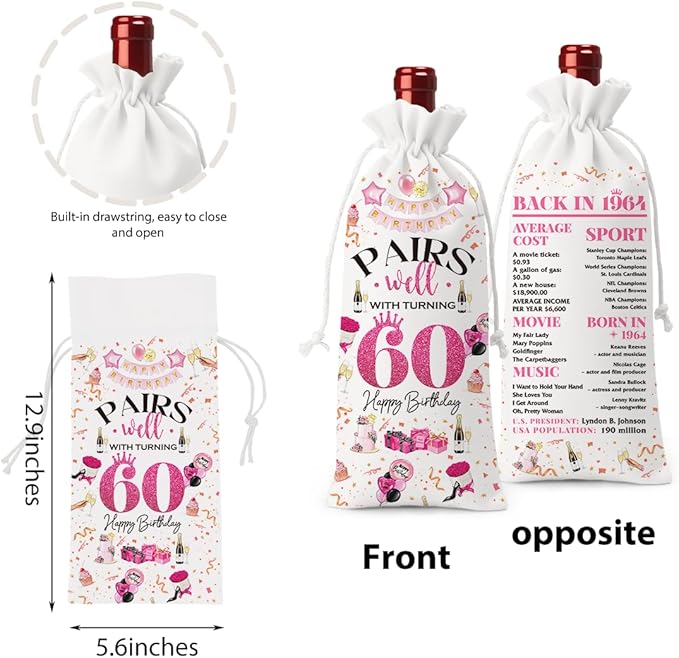 60th Birthday Gifts for Women Men Wine Bag, Cool Birthday Gifts for 60 Year Old Woman, 60th Birthday Party Decorations for Woman Men, Pairs Well with Turning 60 Wine Bags (White Pink)
