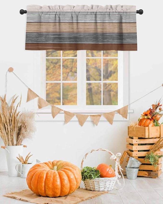 Farmhouse Fall Kitchen Curtains Valances for Windows , Brown Grey Rod Pocket Country Window Treatment for Kitchen /Living Room/Bedroom/ Bathroom,42" X 12" -1 Panel, Retro Rustic Barn Wood Texture