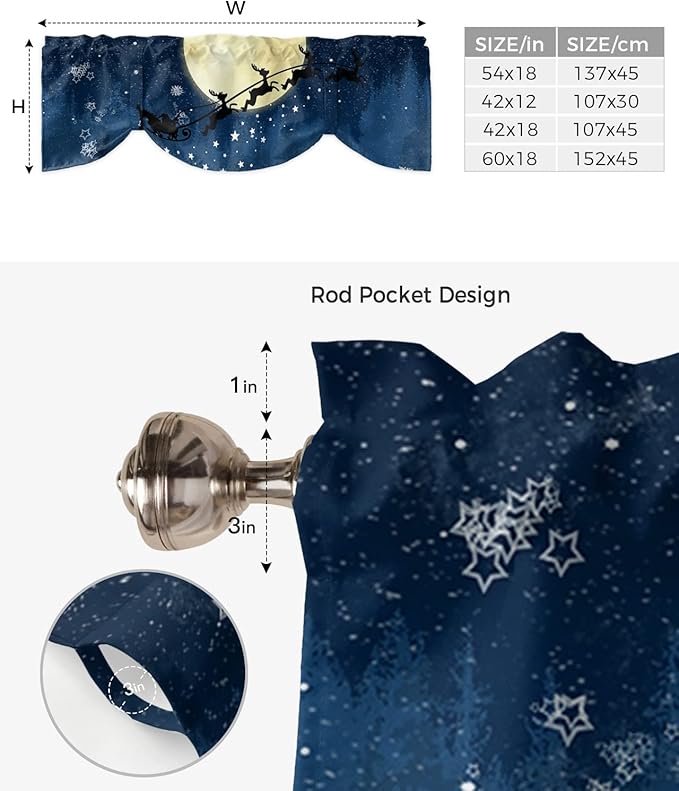 Christmas Blackout Tie Up Valance Curtains for Kitchen Windows Santa Claus Reindeer Window Toppers Balloon Shades for Living Room/Bathroom/Bedroom,1 Panel,60" X 18" Blue Snowy Night