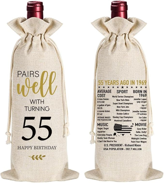 Qubereeree 55th Birthday Gifts for Women Men Funny 55 Year Ago in 1969 Birthday Party Decorations Wine Bags for Mom Dad Grandma Coworker, 55 Year Old Birthday Gifts Vintage 1969 Wine Bag-1