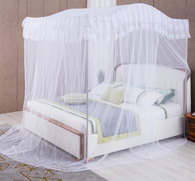 Mengersi Arched 4 Corners Post Bed Curtain Canopy Mosquito Net Square Princess Fly Screen, Indoor Outdoor (Full, White)