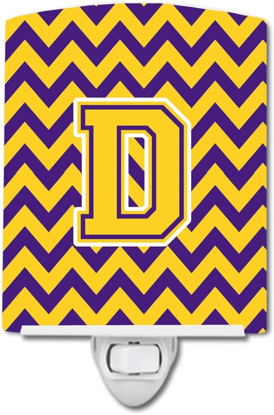 Caroline's Treasures CJ1041-DCNL Letter D Chevron Purple and Gold Ceramic Night Light Compact, UL-Certified, Ideal for Bedroom, Bathroom, Nursery, Hallway, Kitchen, 6x4x3, Multicolor