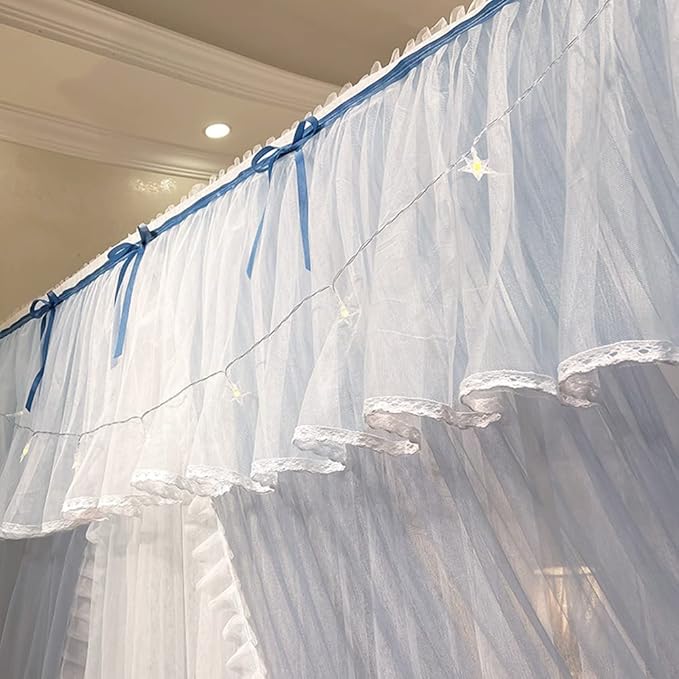 Mengersi Canopy Bed Curtains with Lights,4 Corner Bed Canopy Royal Luxurious Bed Drapes Netting,Princess Bed Curtains for Girls Adults Bedroom Decoration (Gray Blue, California King)