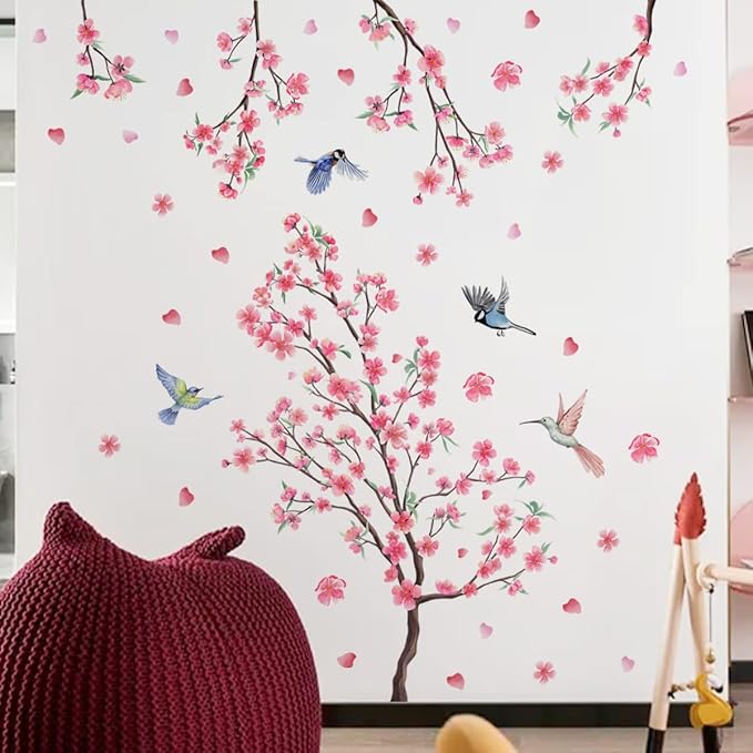 Peach Blossom Tree Branch Wall Decals Pink Flower Birds Wall Stickers Wall Art Decals for Bedroom Living Room TV Wall