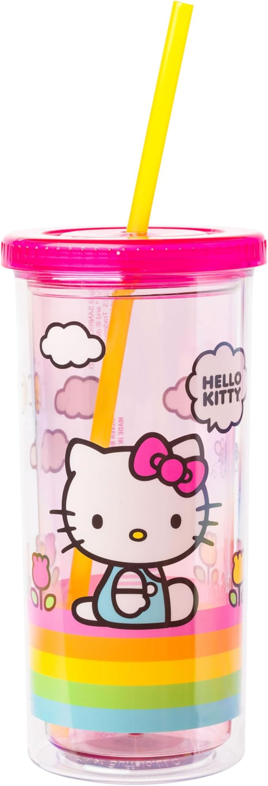 Silver Buffalo Sanrio Hello Kitty Spring and Summer Flowers Rainbow Stripes Plastic Cold Cup with Lid and Straw, 20 Ounces