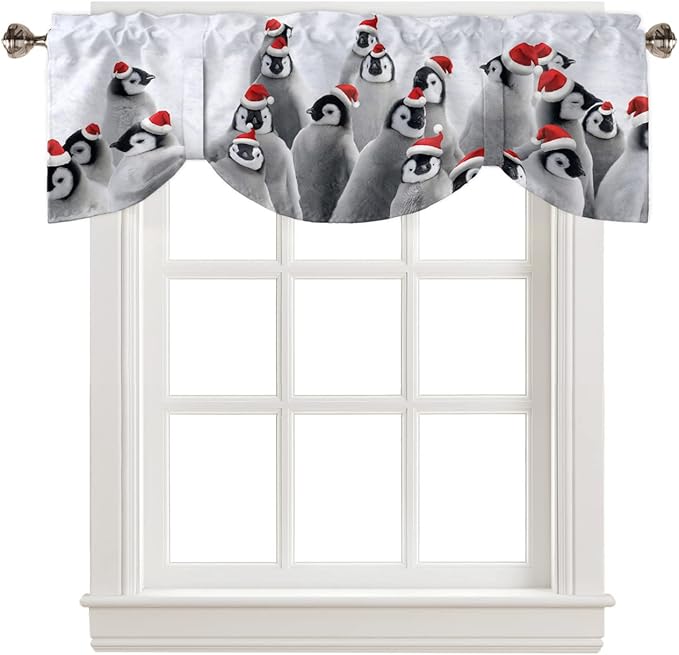 Funny Penguin with Christmas Hat Blackout Tie Up Valance Curtains for Kitchen Windows Winter Holidays Window Toppers Balloon Shades for Living Room/Bathroom/Bedroom,1 Panel,42" X 18"