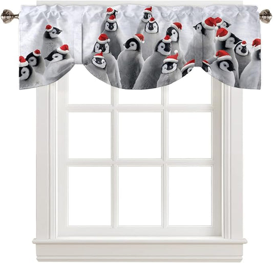 Funny Penguin with Christmas Hat Blackout Tie Up Valance Curtains for Kitchen Windows Winter Holidays Window Toppers Balloon Shades for Living Room/Bathroom/Bedroom,1 Panel,42" X 18"