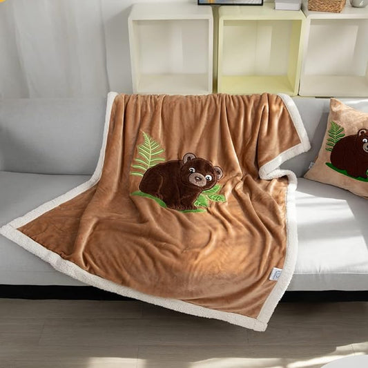COSUSKET Kids Brown Bear Throw Blanket, 3D Animal Embroidery Sherpa Blanket Girls Boys Gifts