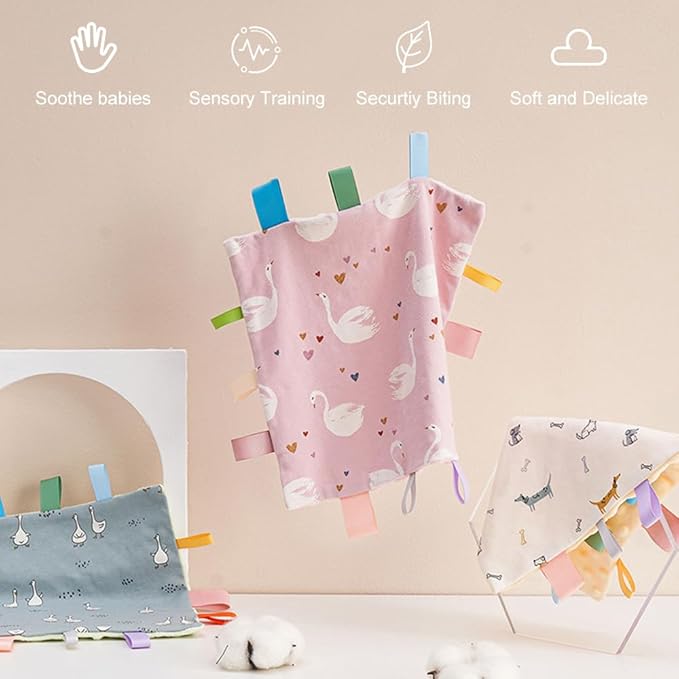 Baby Tags Security Blanket, Sensory Soothing Blanket with Tags,Dotted Backing Taggies Blanket for 3-12 Months Boys and Girls. (Dogs)