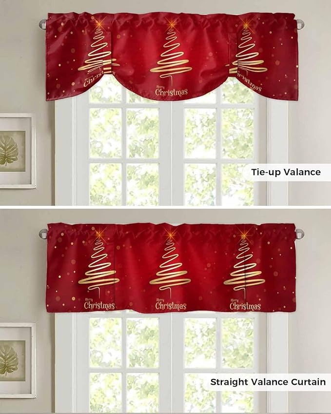 Christmas Tree Blackout Tie Up Valance Curtains for Kitchen Windows Merry Xmas Red Window Toppers Balloon Shades for Living Room/Bathroom/Bedroom,1 Panel,42" X 18" Winter Holiday Decor