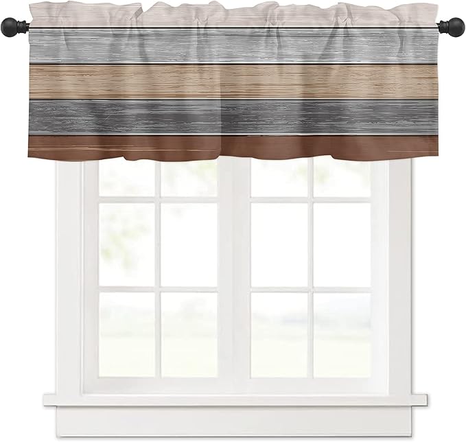 Farmhouse Fall Kitchen Curtains Valances for Windows , Brown Grey Rod Pocket Country Window Treatment for Kitchen /Living Room/Bedroom/ Bathroom,54" X 18" -1 Panel, Retro Rustic Barn Wood Texture
