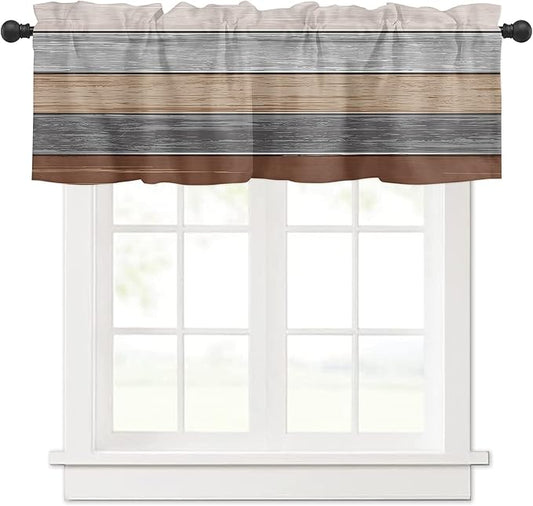 Farmhouse Fall Kitchen Curtains Valances for Windows , Brown Grey Rod Pocket Country Window Treatment for Kitchen /Living Room/Bedroom/ Bathroom,54" X 18" -1 Panel, Retro Rustic Barn Wood Texture