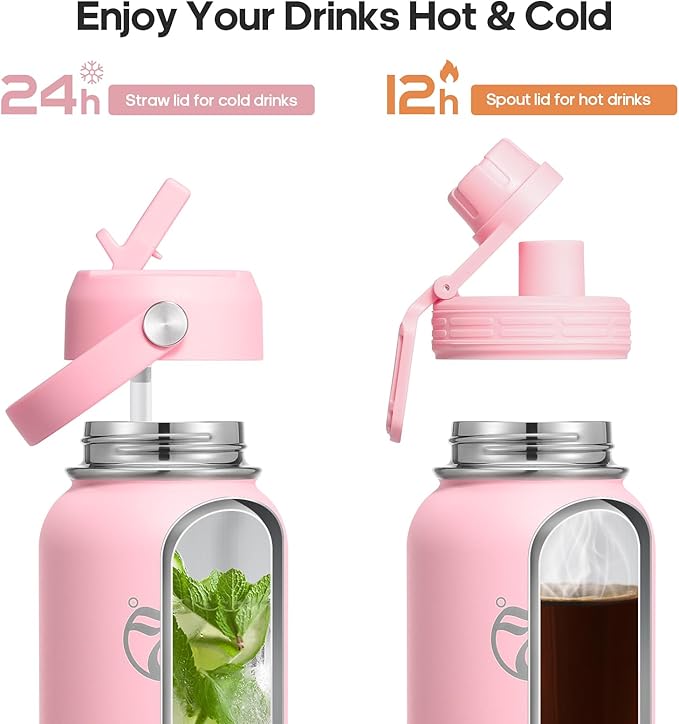 Insulated Water Bottles 32 oz with 2 Leak Proof Lids & Water Bottle Holder, Wide Mouth Sport Water Bottle with Straw, Reusable Stainless Steel Water Flask, Double Walled Vacuum Thermos