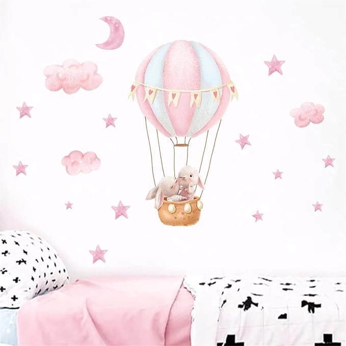 Pink Cloud Hot Air Balloon Rabbit Wall Decal Cute Bunny Moon and Stars Wall Stickers Baby Girls Room Nursery Decor