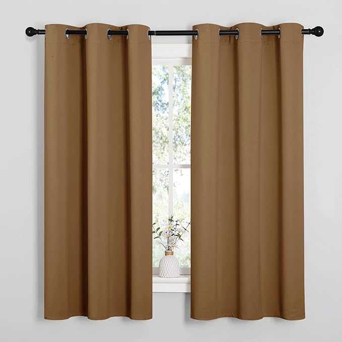 NICETOWN Sleek Blackout Curtains 63 inches Length for Small Windows, Noise Reducing and Block Draft Panels for Door Doorway Laundry Office Luxury Decor Theme (2 Panels, Gold Brown, W42 x L63 -Inch)