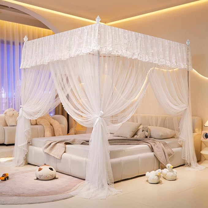Mengersi Canopy Bed Curtains Bed Canopy,Canopy for Bed Curtains-Cozy Drape Netting,Princess Bed Drapes for Girls Adults Bedroom Decoration(Queen,White)