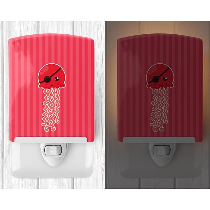 Caroline's Treasures BB8914CNL Nautical Pirate Jellyfish Red Ceramic Night Light Compact, UL-Certified, Ideal for Bedroom, Bathroom, Nursery, Hallway, Kitchen, 6x4x3, Multicolor