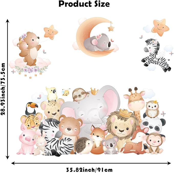 Cartoon Animal Wall Stickers Animal World Elephant Lion Zebra Tiger Giraffe Wall Decals for Kids Baby Nursery Playroom Bedroom Classroom Kindergarten Wall Decor
