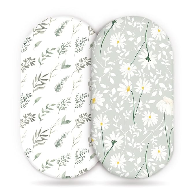 GRSSDER Stretchy Ultra Soft Fitted Bassinet Sheet Set 2 Pack, Universal Fit for Bassinets Baby Cradle Moses Basket Oval Rectangle Mattress, Watercolor Daisy Flowers Bassinet Sheets for Girls