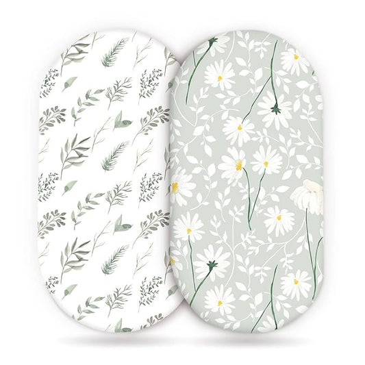 GRSSDER Stretchy Ultra Soft Fitted Bassinet Sheet Set 2 Pack, Universal Fit for Bassinets Baby Cradle Moses Basket Oval Rectangle Mattress, Watercolor Daisy Flowers Bassinet Sheets for Girls