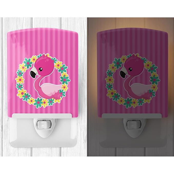 Caroline's Treasures BB8768CNL Flamingo Flower Wreath Ceramic Night Light Compact, UL-Certified, Ideal for Bedroom, Bathroom, Nursery, Hallway, Kitchen, 6x4x3, Multicolor