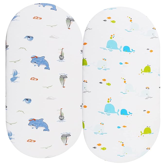 Bassinet Sheets Compatible with Maxi-COSI Iora/Swift Lightweight Portable Bassinet, Angelbliss Bassient, 2 Pack, 100% Jersey Knit Cotton 190GSM, Ultra Soft Breathable, Dolphin and Whale
