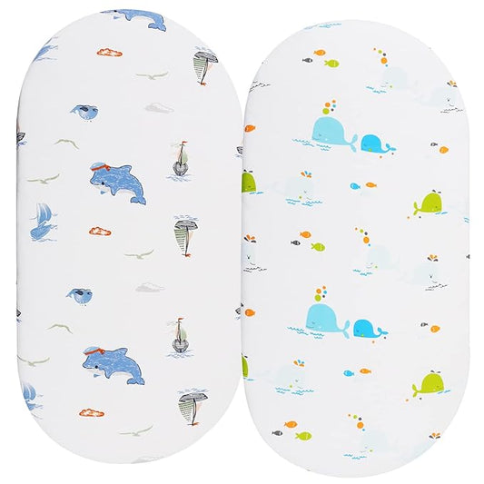 Bassinet Sheets Compatible with Ingenuity Bedside Baby Bassinet and Regalo Basic Baby Bassinet(Small), 2 Pack, 100% Jersey Knit Cotton 190GSM, Ultra Soft Breathable, Dolphin and Whale