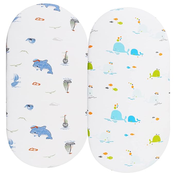 Bassinet Sheets Compatible with Halo Bassinest Swivel, Flex, Glide, Premiere & Luxe Series Sleeper Mattress, 2 Pack, 100% Jersey Knit Cotton 190GSM, Ultra Soft Breathable, Dolphin and Whale