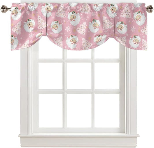 Pink Christmas Blackout Tie Up Valance Curtains for Kitchen Windows Santa Claus Merry Christmas Tree Window Toppers Balloon Shades for Living Room/Bathroom/Bedroom,1 Panel, 54" X 18", Winter Snowflake