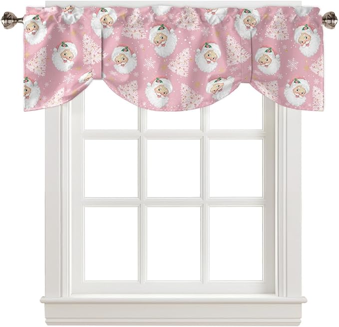 Pink Christmas Blackout Tie Up Valance Curtains for Kitchen Windows Santa Claus Merry Christmas Tree Window Toppers Balloon Shades for Living Room/Bathroom/Bedroom,1 Panel, 42" X 12", Winter Snowflake