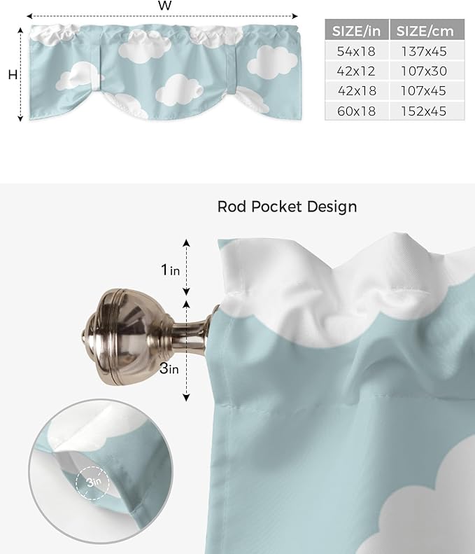 Kids Blackout Tie Up Valance Curtains for Kitchen Windows Blue White Cloud Cartoon Window Toppers Balloon Shades for Living Room/Bathroom/Bedroom,1 Panel,60" X 18"