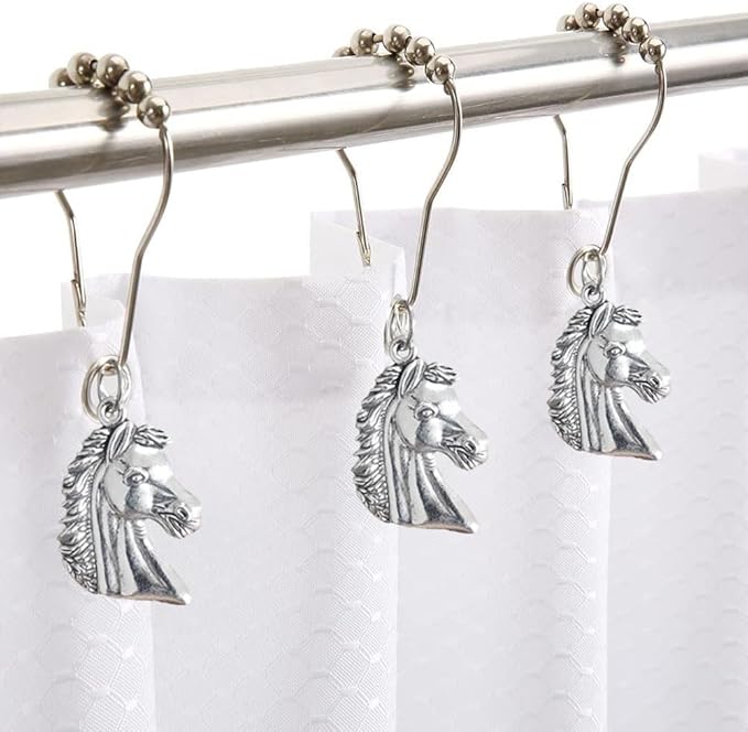 Horse Shower Curtain Hooks for Bathroom, Rustproof Stainless Steel Decorative Shower Curtain Rings with Zinc Alloy Horse Head Shaped Pendant Western Bathroom Decor 12PCS