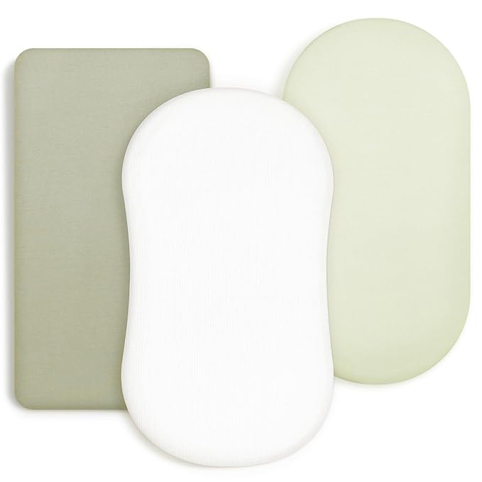 GRSSDER Stretchy Ultra Soft Fitted Bassinet Sheet 3 Pack, Universal Fit for Bassinets Baby Cradle Moses Basket Oval Rectangle Mattress Safe and Snug, Jersey Bassinet Sheets for Girls, White/Sage